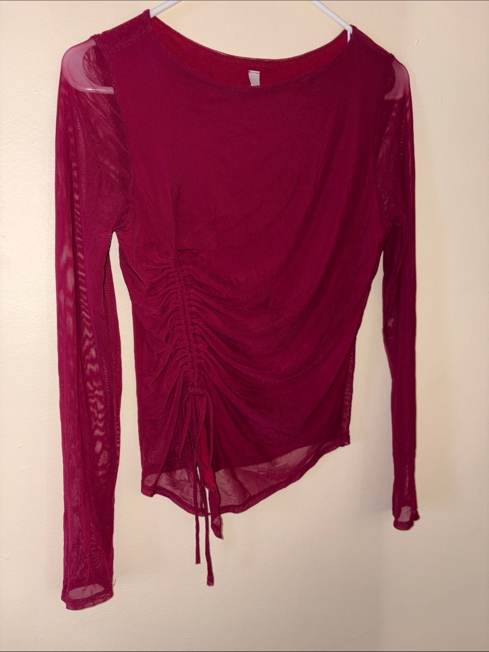 Chocolate Wine-Red Long Sleeve Ruched Mesh Top